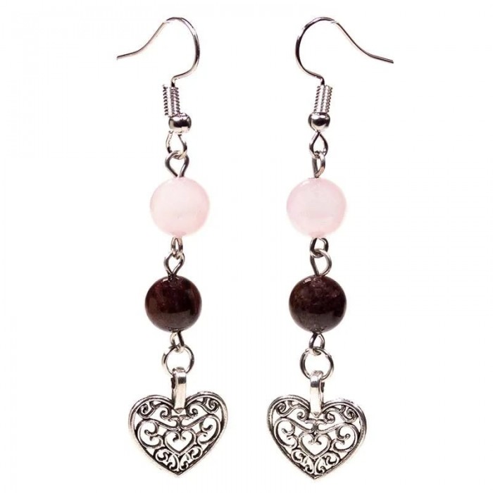 Σκουλαρίκια Ροζ Χαλαζία - Γρανάτη Καρδιά 8mm (Rose Quartz - Garnet) Κοσμήματα λίθων - Βραχιόλια